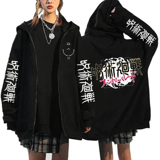 Chaqueta con capucha negra con cremallera, estampados de Jujutsu Kaisen en la parte delantera y la manga