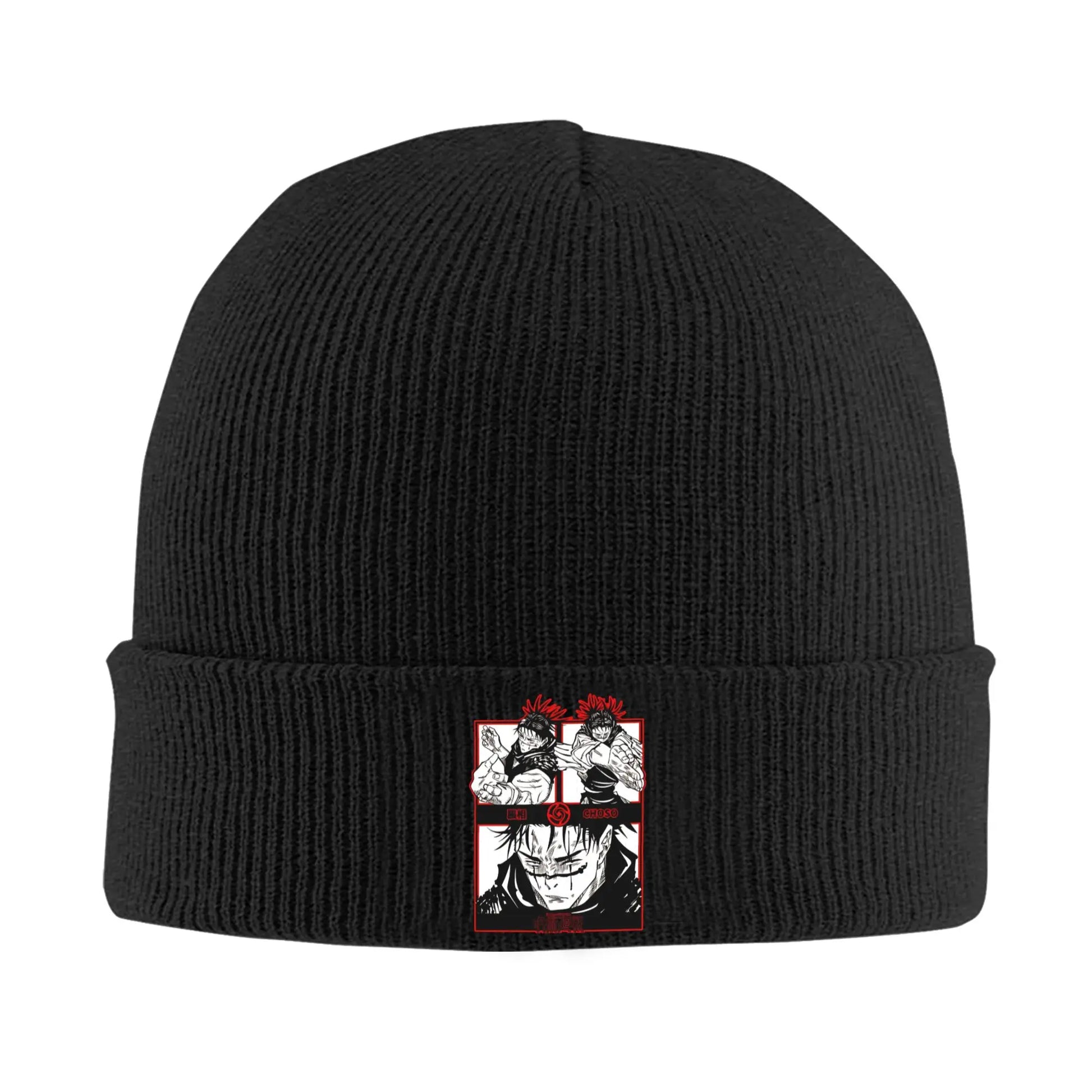 Bonnet Jujutsu Kaisen Choso Trio Rouge : en tricot noir avec écusson rouge et blanc au centre