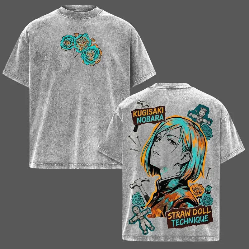 T-shirt gris imprimé Nobara et fleurs, avec personnage au dos