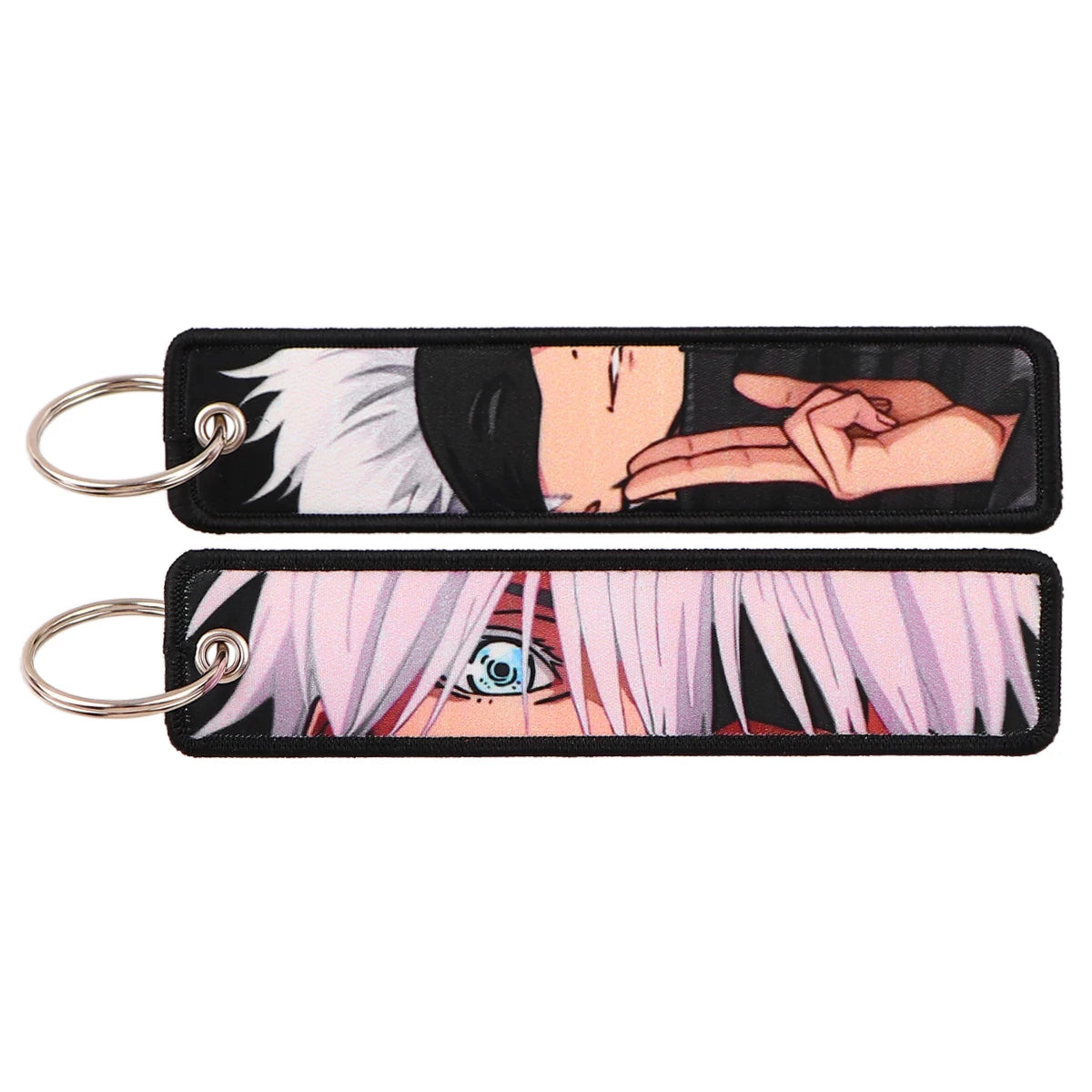Porte-clés Jujutsu Kaisen Gojo Bandeau Noir : bandeau noir avec illustration Gojo et anneaux métalliques