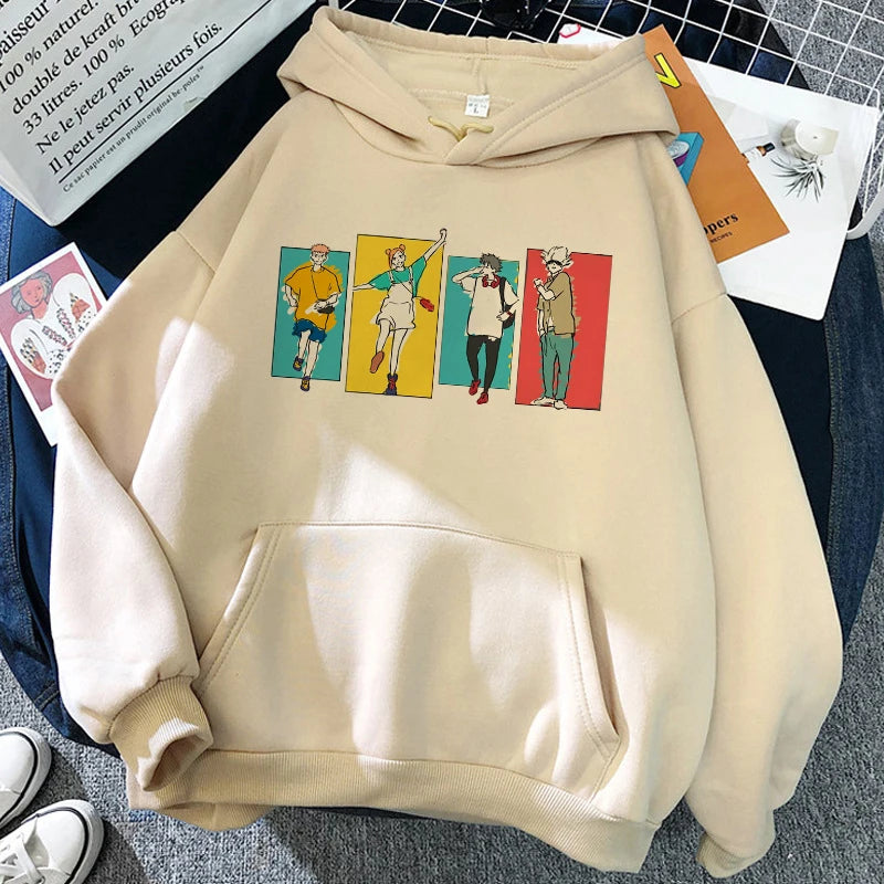 Hoodie beige à capuche avec poche kangourou et imprimé multicolore devant