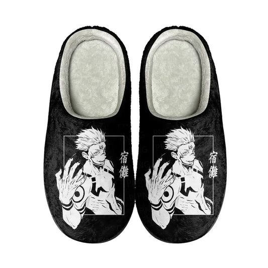Chaussons Jujutsu Kaisen noirs à impression Ryomen Sukuna, intérieur clair