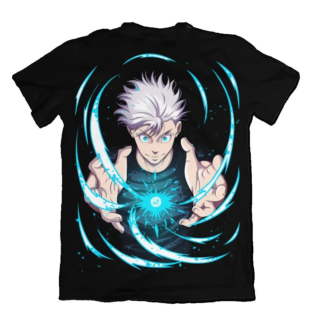 T-shirt Jujutsu Kaisen Gojo Énergie Bleue : noir à imprimé personnage anime, énergie bleue tourbillonnante au centre
