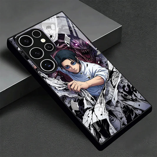Coque Samsung Jujutsu Kaisen Reine des Fléaux x Yuta : avec illustration manga en noir, blanc et violet, motif Yuta et ailes.