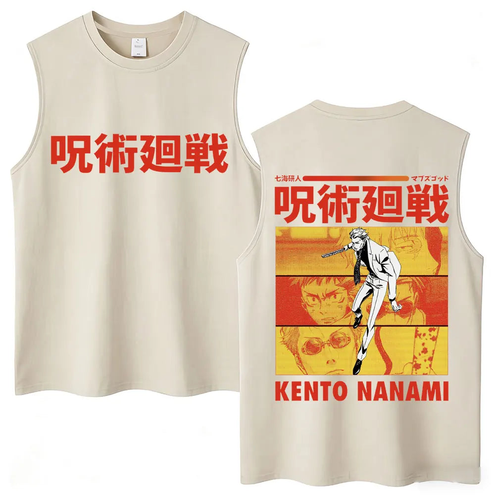 Débardeur Jujutsu Kaisen Nanami Kento Bandes Orange : beige sans manches, imprimé orange Kento Nanami au dos