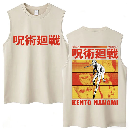 Débardeur Jujutsu Kaisen Nanami Kento Bandes Orange : beige sans manches, imprimé orange Kento Nanami au dos