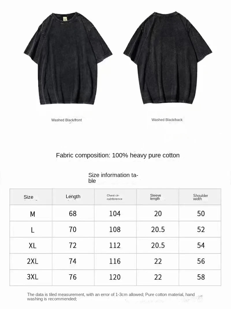 T-shirt noir délavé, vue manches et informations de taille/composition