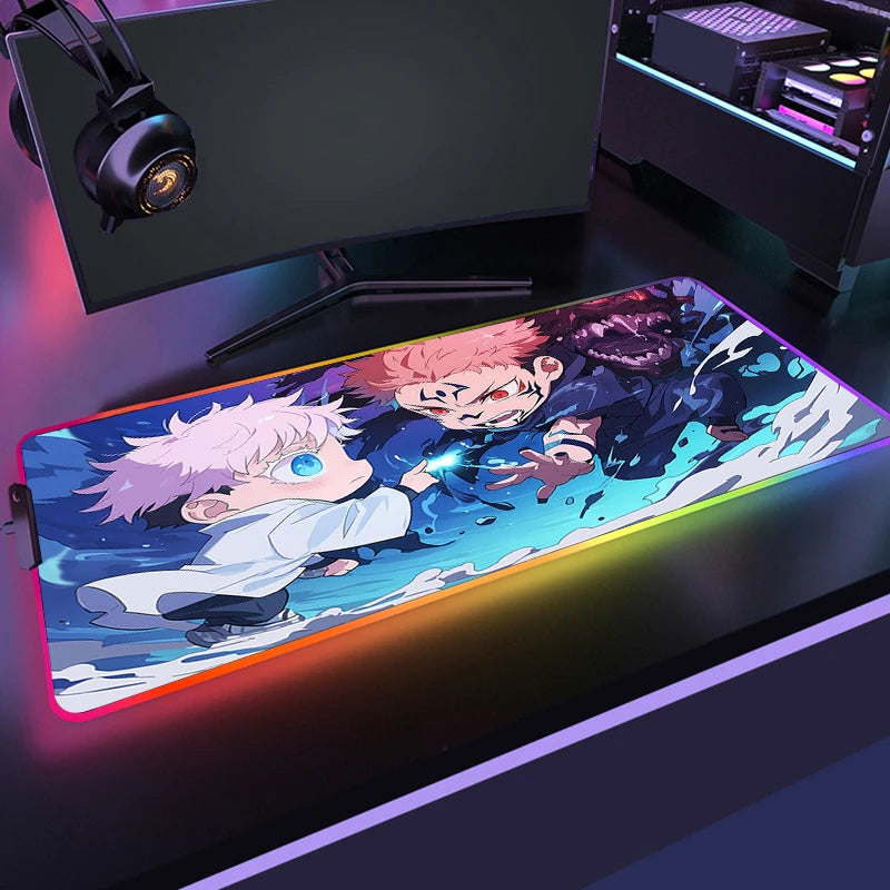 Tapis de souris RGB avec motifs Chibi Gojo et Sukuna, bord lumineux, surface rectangulaire