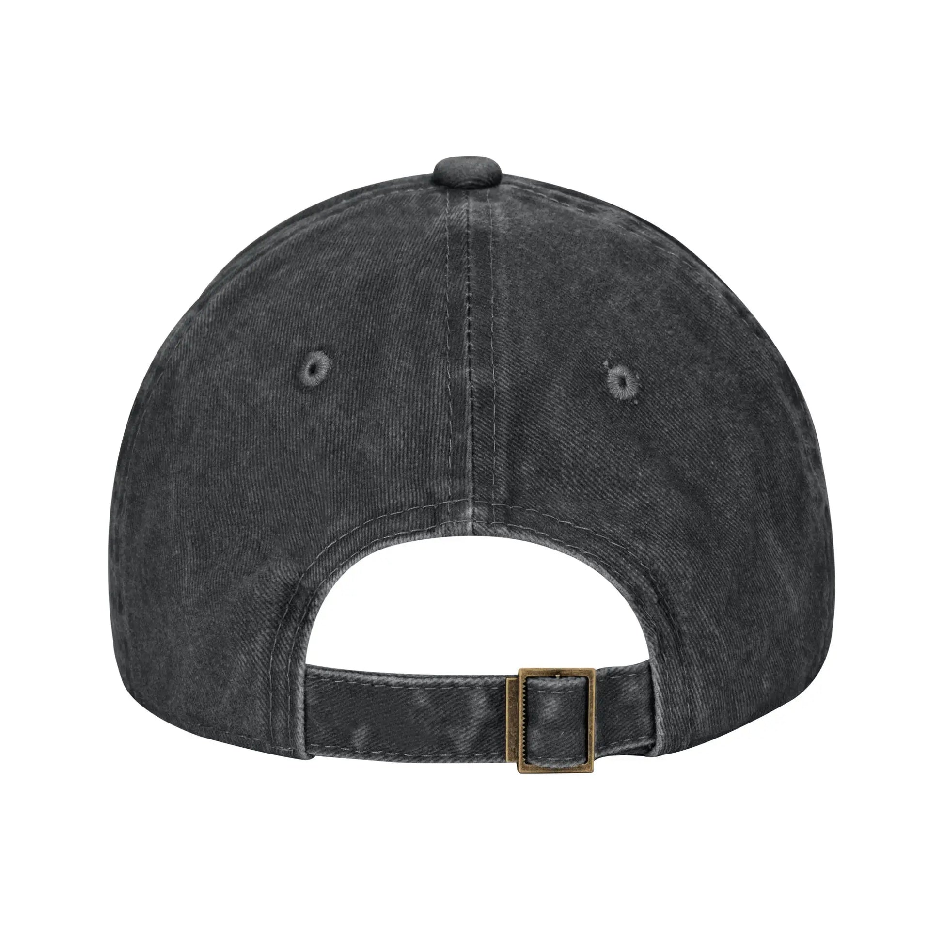 Casquette noire de dos, patte réglable avec boucle rectangulaire métallique