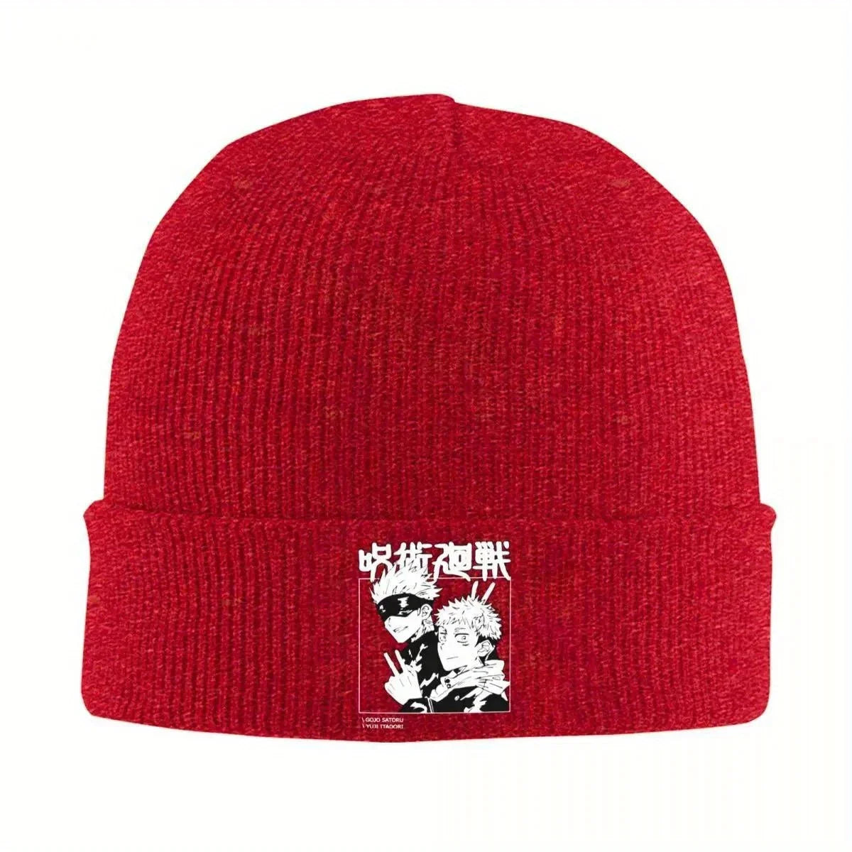 Bonnet en maille rouge avec revers côtelé et patch imprimé