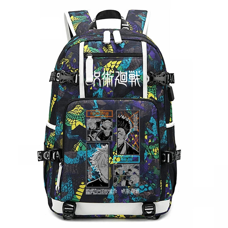 Sac à dos noir avec motifs colorés façon mosaïque, poches frontales et bretelles réglables.
