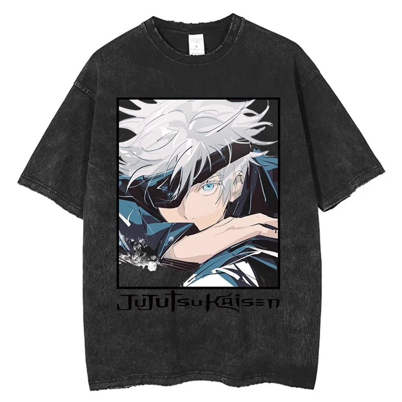 T-shirt noir délavé à imprimé Gojo Jujutsu Kaisen, col rond