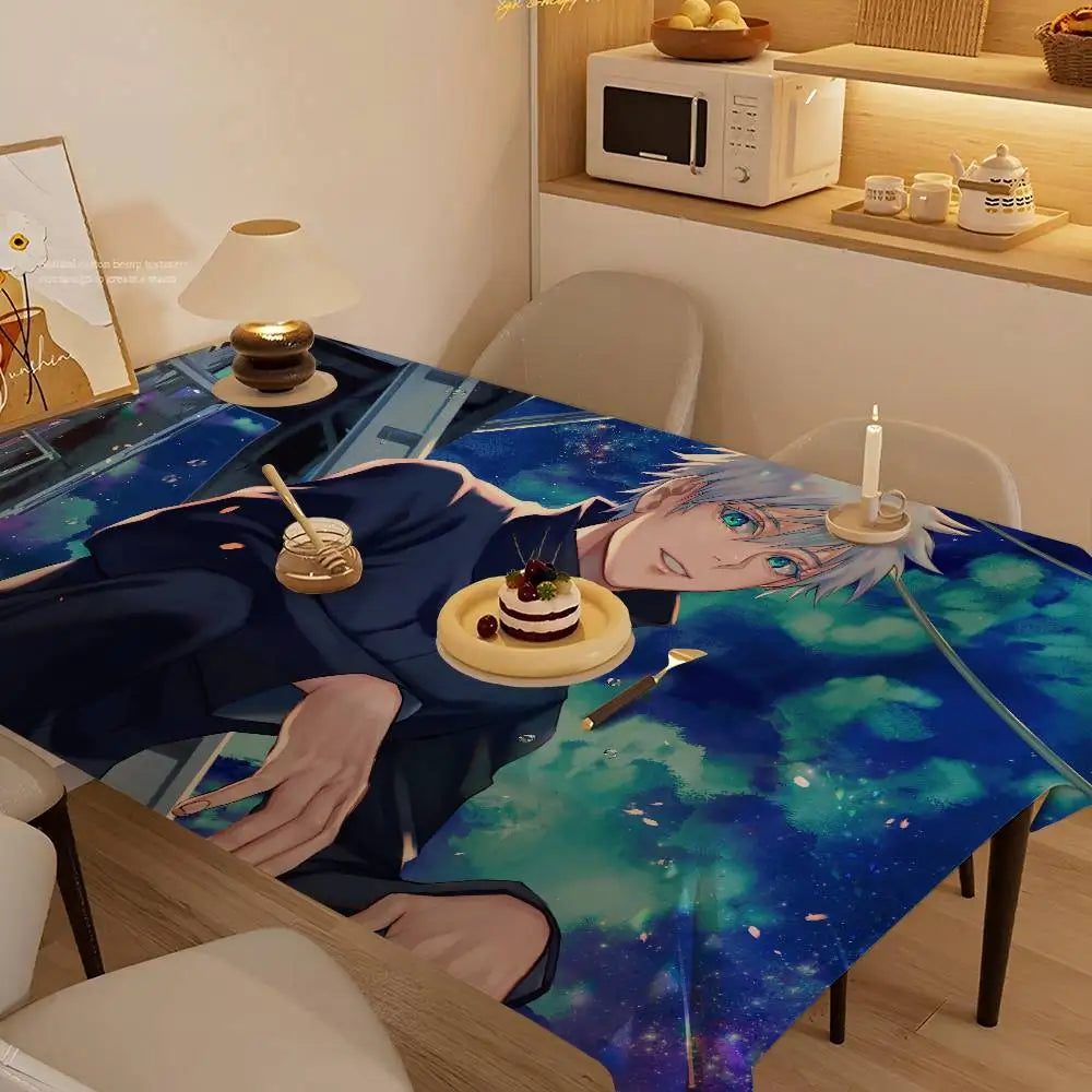 Nappe rectangulaire bleu nuit avec portrait de personnage anime et décor étoilé.