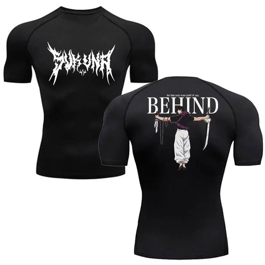 T-shirt compression noir avec imprimé « Sukuna x Behind » devant et au dos