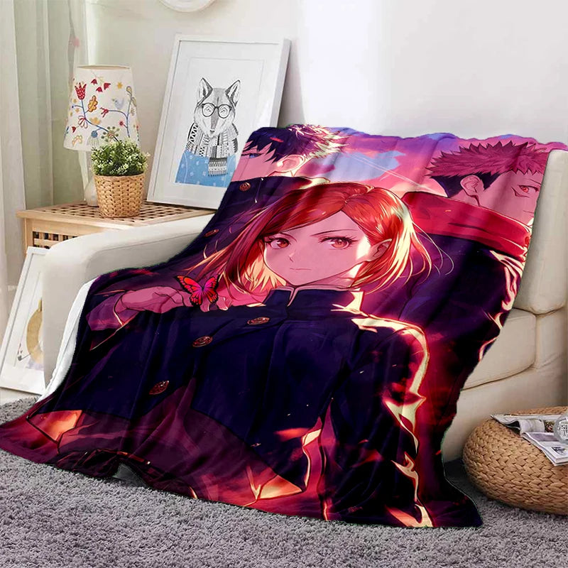 Couverture à carreaux avec imprimé de personnages anime, fond sombre violet et rouge