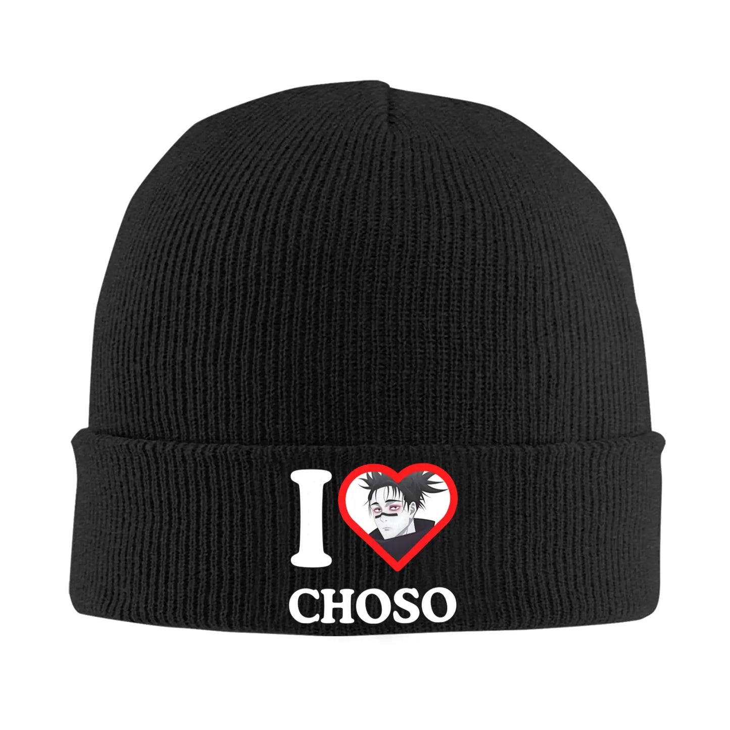 Bonnet Jujutsu Kaisen Choso Slogan I Love : noir en maille avec motif cœur rouge « I » et « CHOSO » brodés