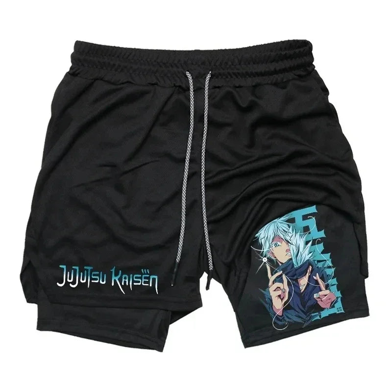 Short Jujutsu Kaisen Gojo Néon Bleu Deux Doigts : noir à cordon, imprimé Jujutsu Kaisen bleu néon sur la jambe.