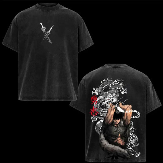 T-shirt noir manches courtes col rond, imprimé graphique au dos et devant