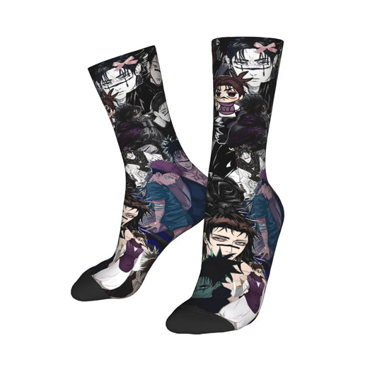 Paire de chaussettes hautes à motif manga multicolore sur fond noir