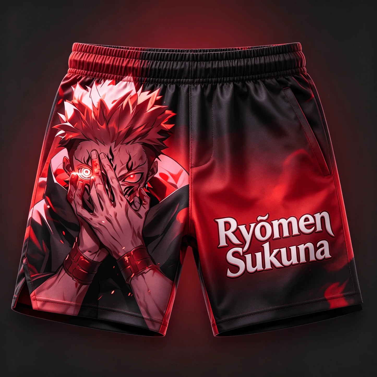 Short noir à taille élastique, impression rouge de personnage et texte Ryōmen Sukuna