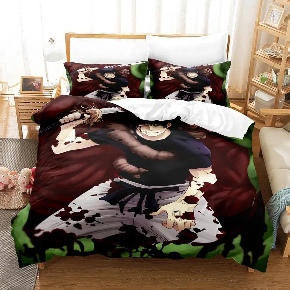 Parure de lit Jujutsu Kaisen avec motif Toji, housse et taie bordeaux foncé