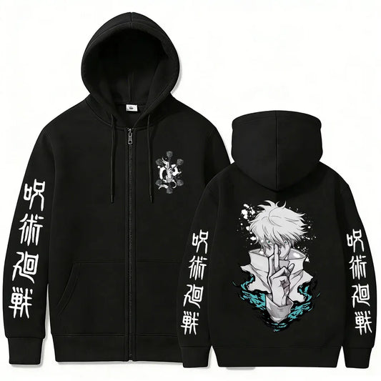 Gilet zippé à capuche noir, impression personnage et caractères sur manches