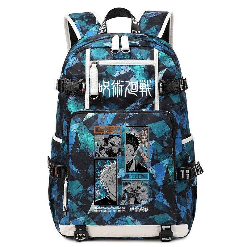 Sac à dos bleu, bretelles noires et blanches, poche frontale zippée avec visuels manga