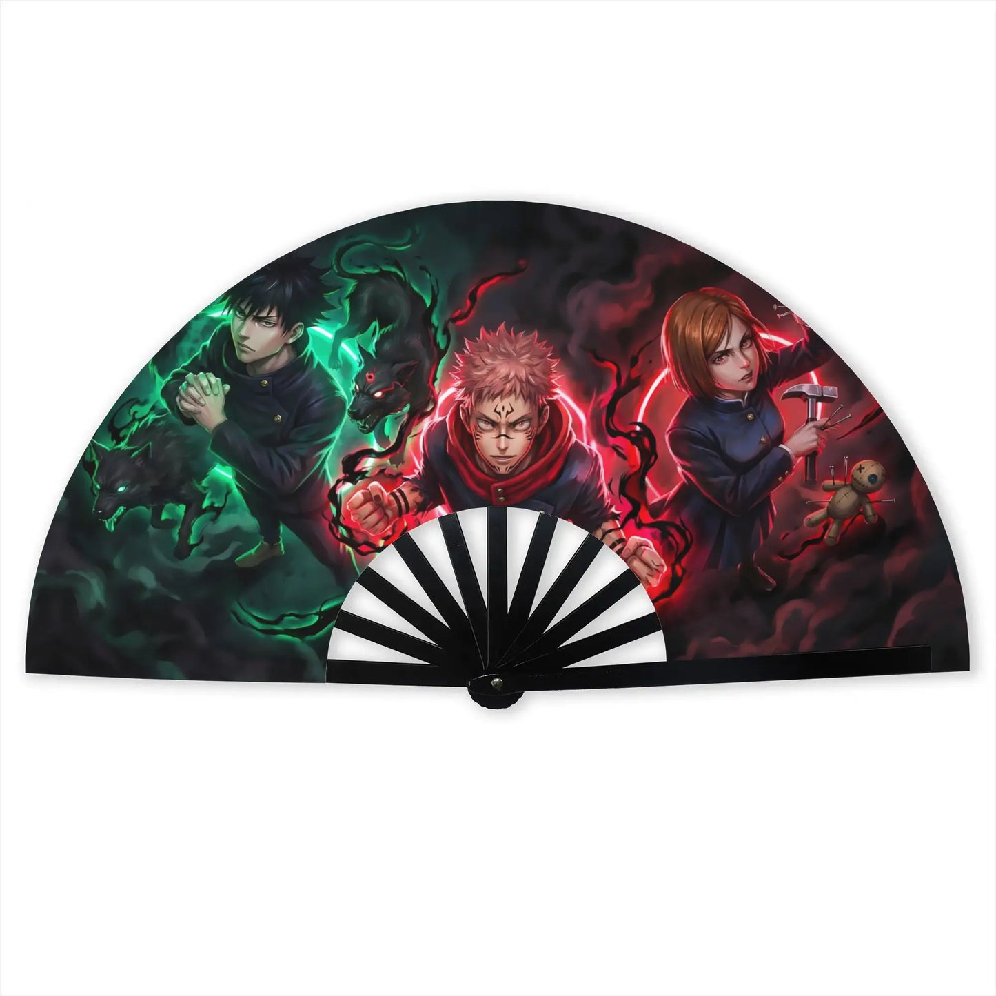 Éventail demi-cercle noir avec illustration personnages anime et poignette