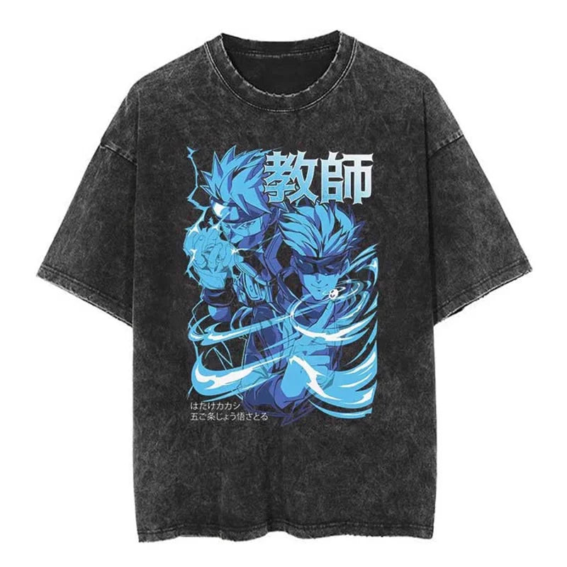 T-shirt Jujutsu Kaisen Gojo Duo Sensei Bleu : noir délavé avec grand visuel bleu du duo de personnages, manches courtes