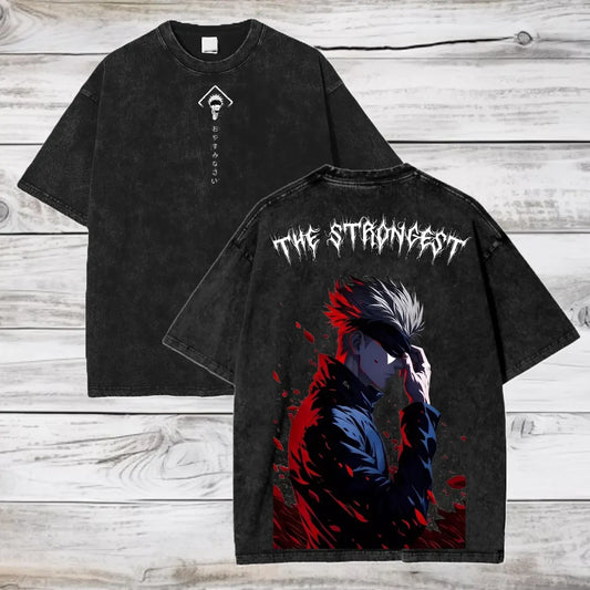 T-shirt noir col rond, imprimé Gojo « THE STRONGEST » au dos