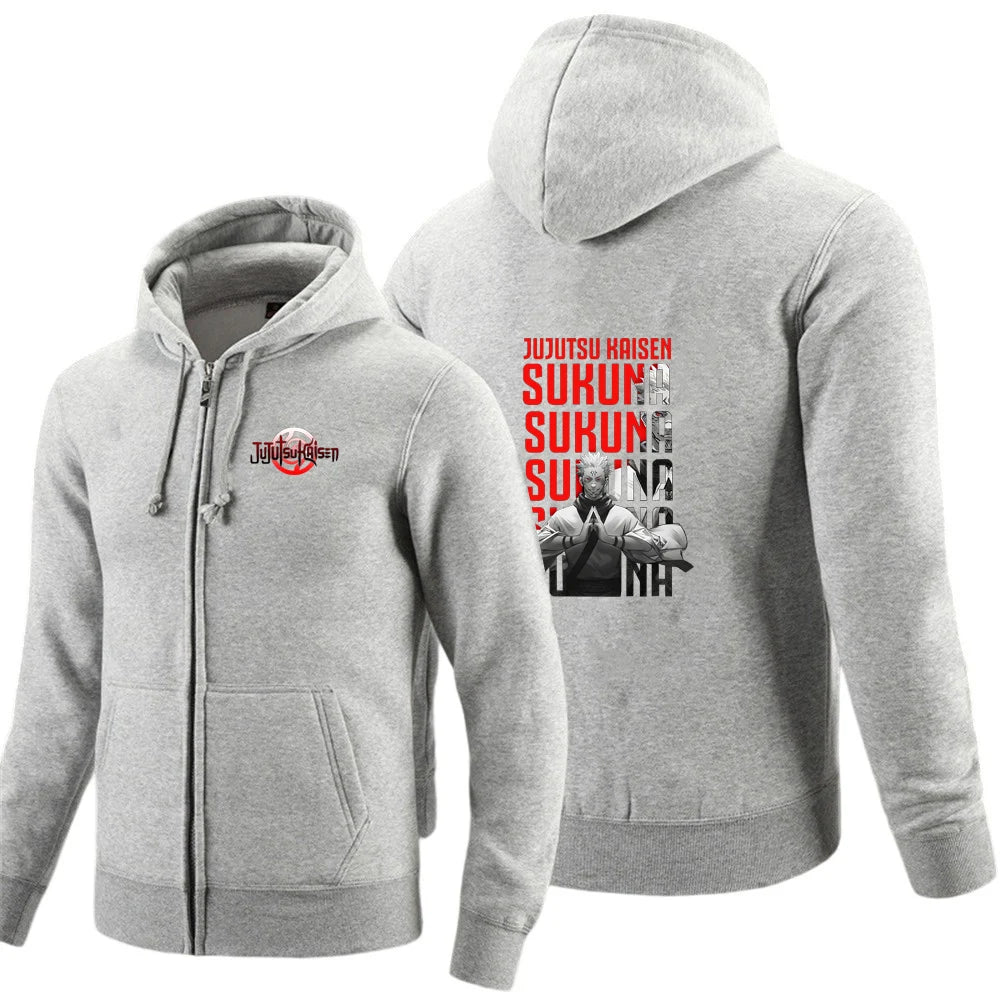 Gilet à capuche zippé gris avec poche kangourou et grand motif au dos