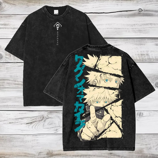T-shirt noir à manches courtes, grand visuel Gojo sur le devant