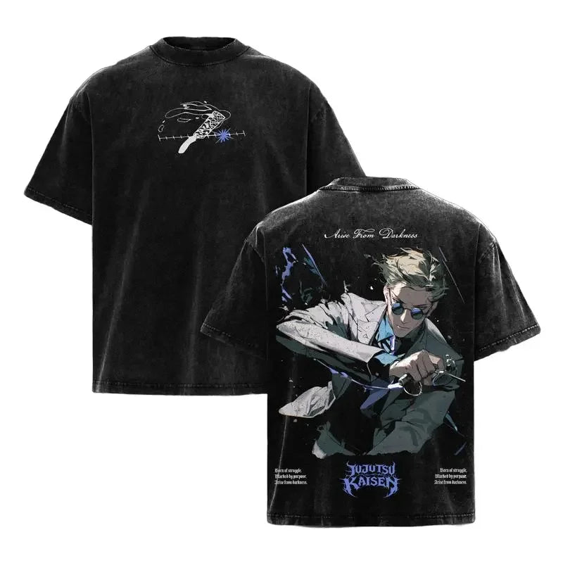 T-shirt noir à col rond, imprimé anime Nanami Kento Ratio devant et dos.
