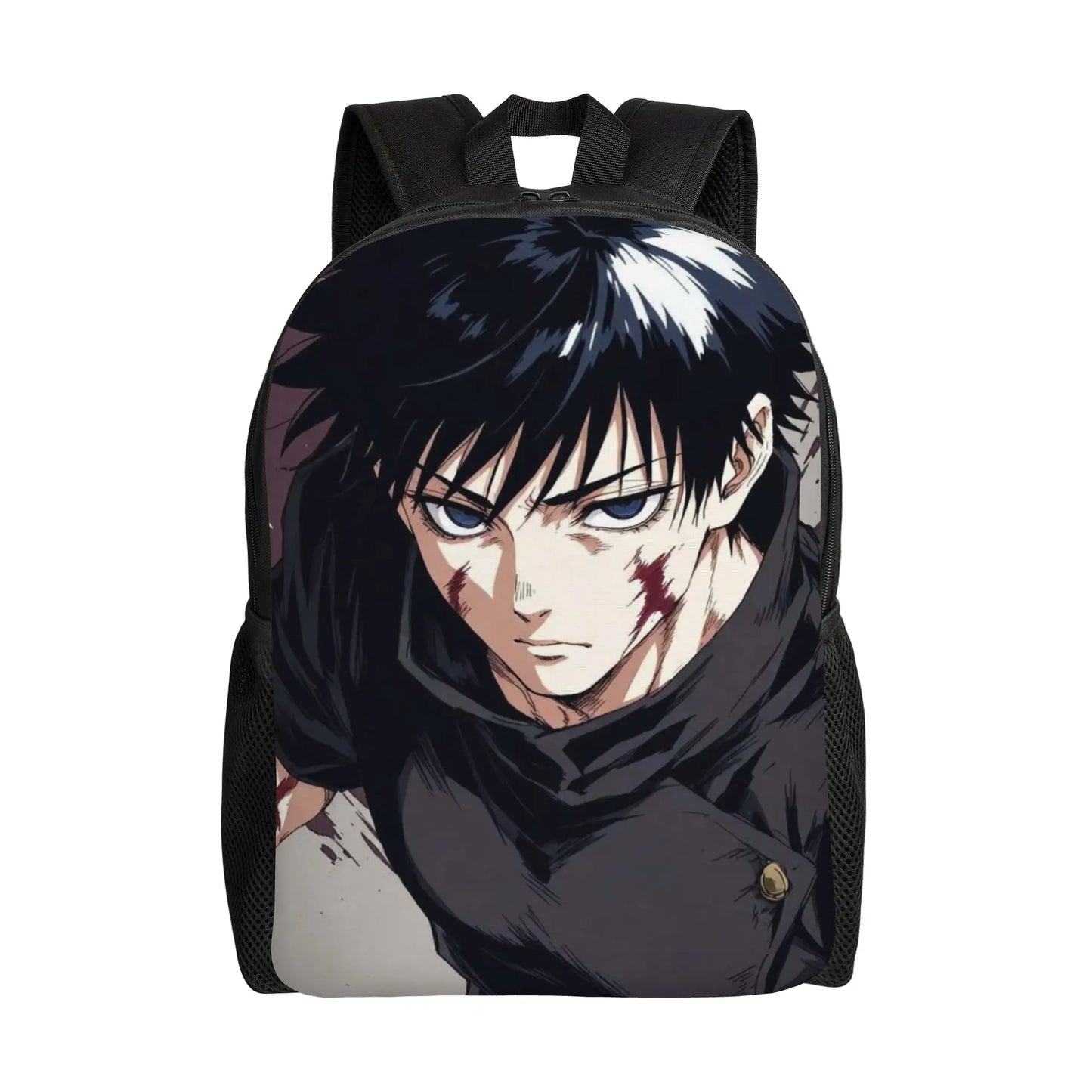 Sac à dos Jujutsu Kaisen noir : portrait au regard, mèches blanches, cicatrice, bretelles