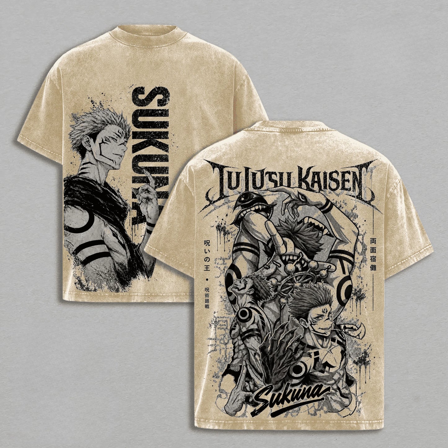 T-shirt col rond beige vintage, visuel Sukuna devant et grand motif au dos.