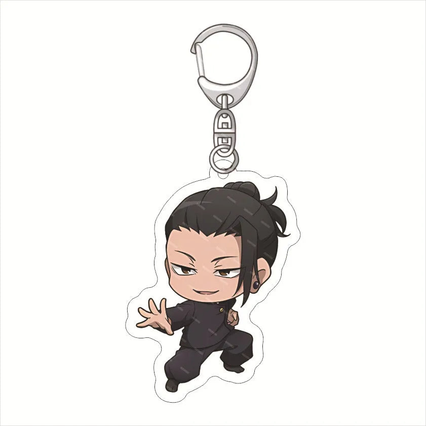 Porte-clés figurine chibi en tenue sombre, cheveux noirs, main levée