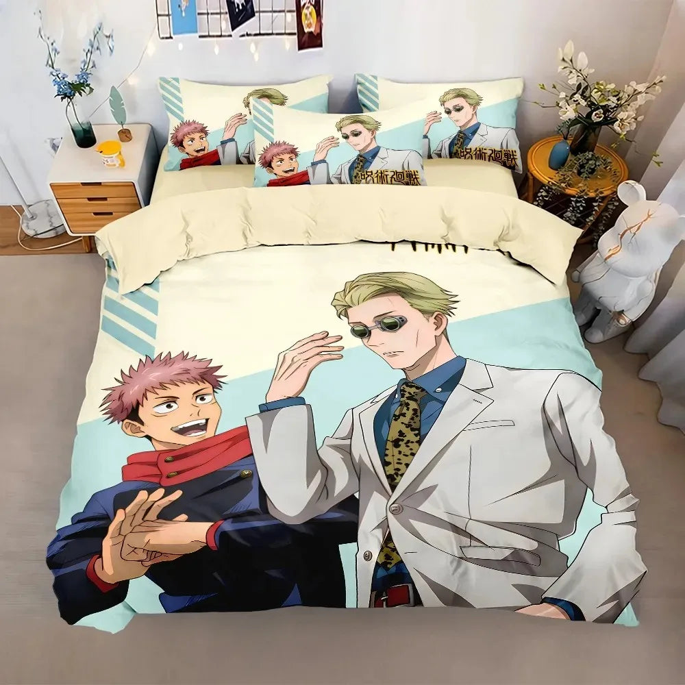 Parure de lit : housse de couette imprimée, personnages d’anime, blanc crème, bleus et verts