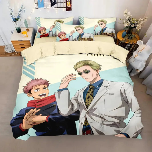 Parure de lit Jujutsu Kaisen Yuji x Nanami : housse de couette imprimée, personnages d’anime, blanc crème, bleus et verts