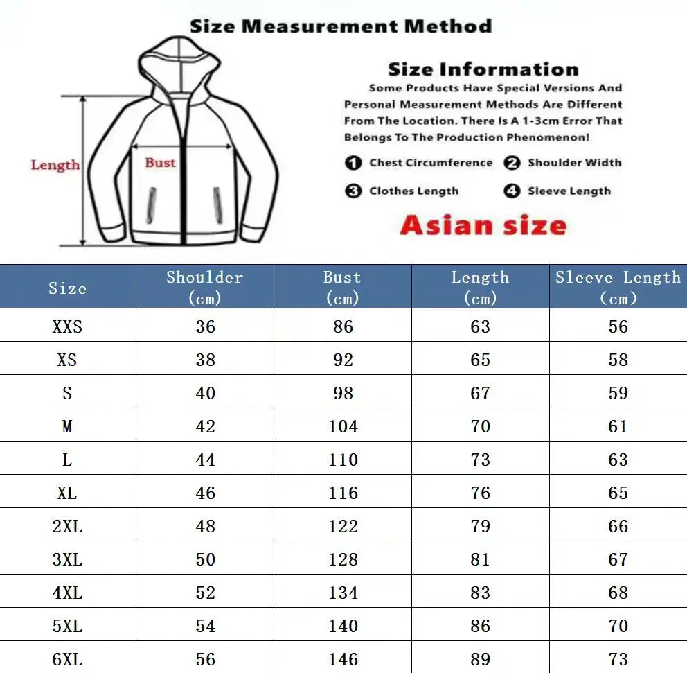 Tableau des tailles pour veste à capuche : épaules, buste, longueur et longueur de manches.