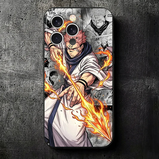 Coque de téléphone iPhone au motif manga Sukuna, flammes et personnage en tenue blanche