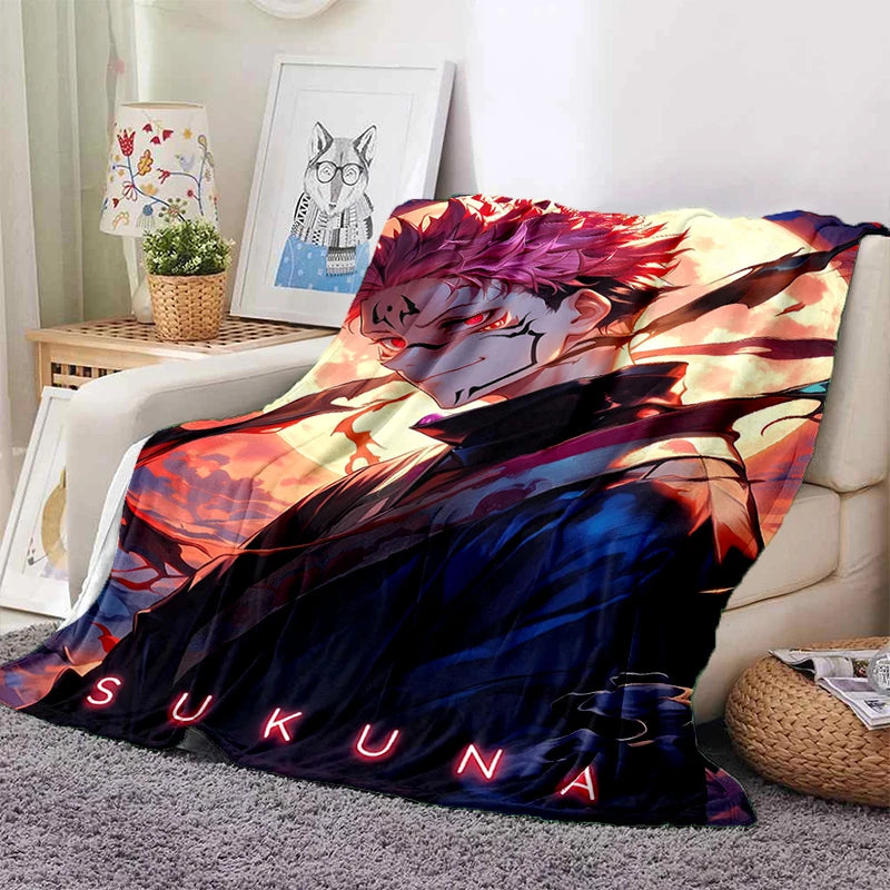Plaid Ryomen Sukuna aux yeux rouges, motif animé, fond bleu foncé, lettres rouges