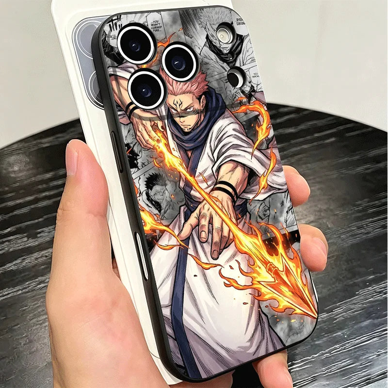 Coque iPhone Ryomen Sukuna, homme en robe blanche avec flammes orange, caméras arrière
