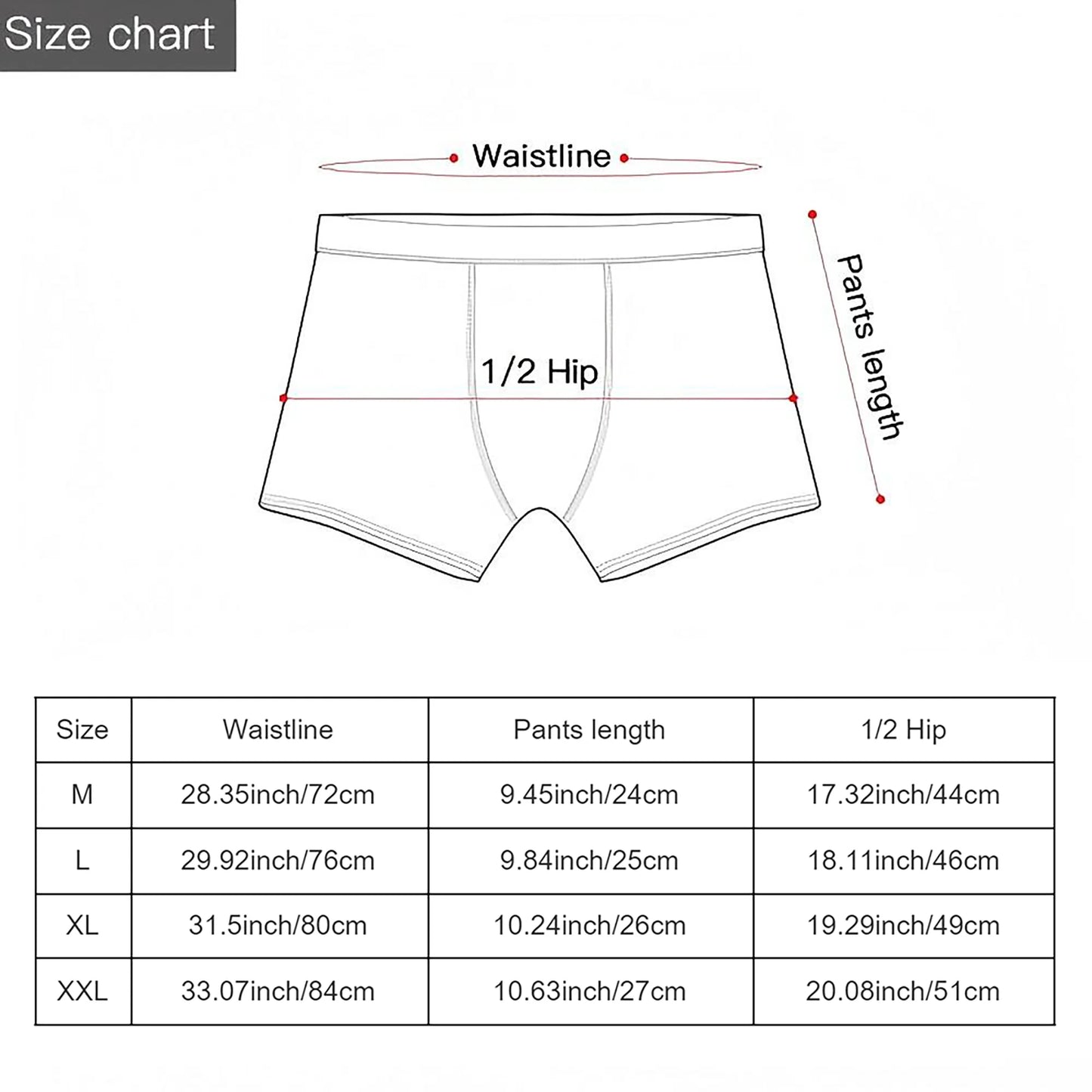Tableau des tailles pour boxer : tour de taille et longueur de M à XXL