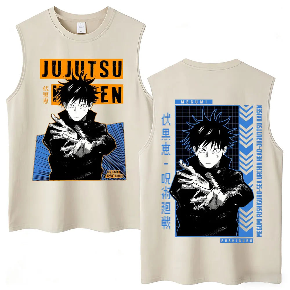 Débardeur Jujutsu Kaisen : sans manches beige, imprimé Megumi cadre orange et bleu, recto-verso