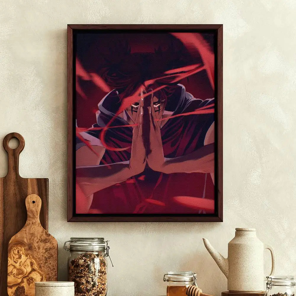 Poster encadré Jujutsu Kaisen : Choso aux mains bordeaux, illustration sombre au centre.