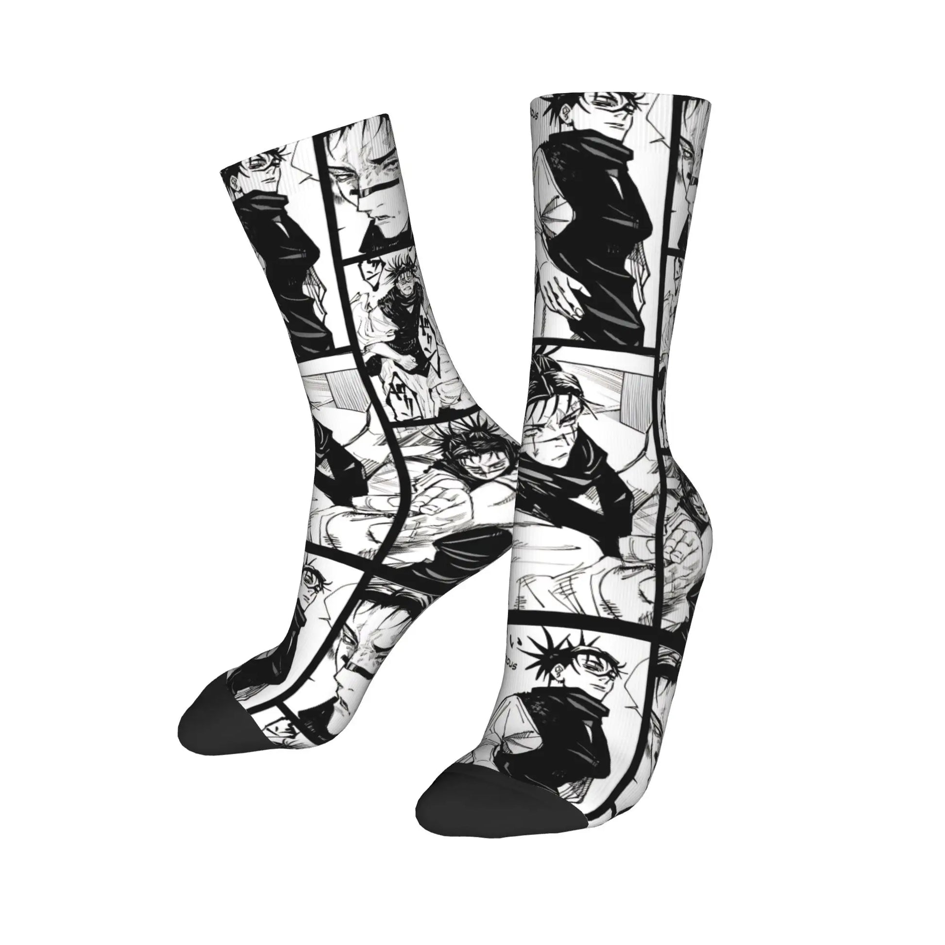 Paire de chaussettes hautes à motif manga noir et blanc, avec talon et pointe noirs.