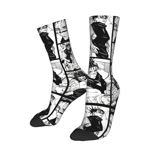 Paire de chaussettes hautes à motif manga noir et blanc, avec talon et pointe noirs.