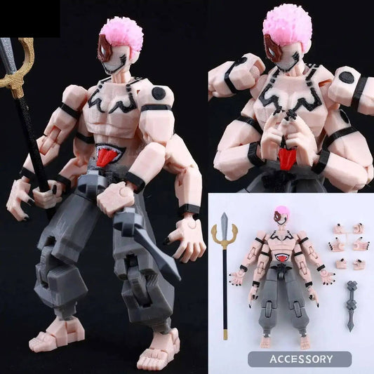 Figura articulada Sukuna con armadura blanca, pelo rosa, pose de pie con accesorios.