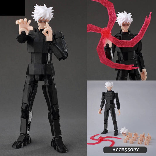 Figura articulada Gojo con atuendo negro, pelo blanco y gafas rojas, de pie
