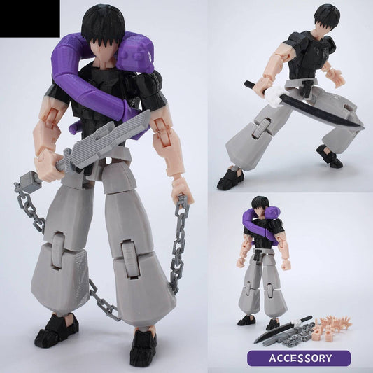 Figura articulada de torso desnudo con cadenas, pelo negro, piernas grises, accesorios